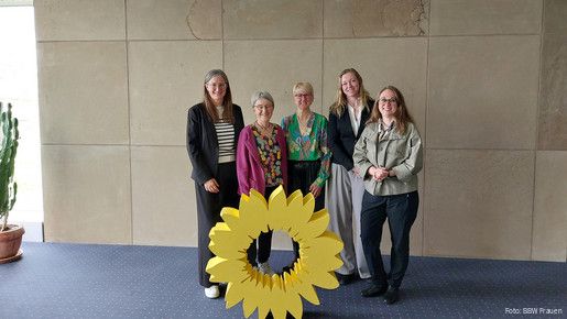 Fünf Frauen stehen hinter einem gelben Aufsteller im Design einer großen gelben Blüte